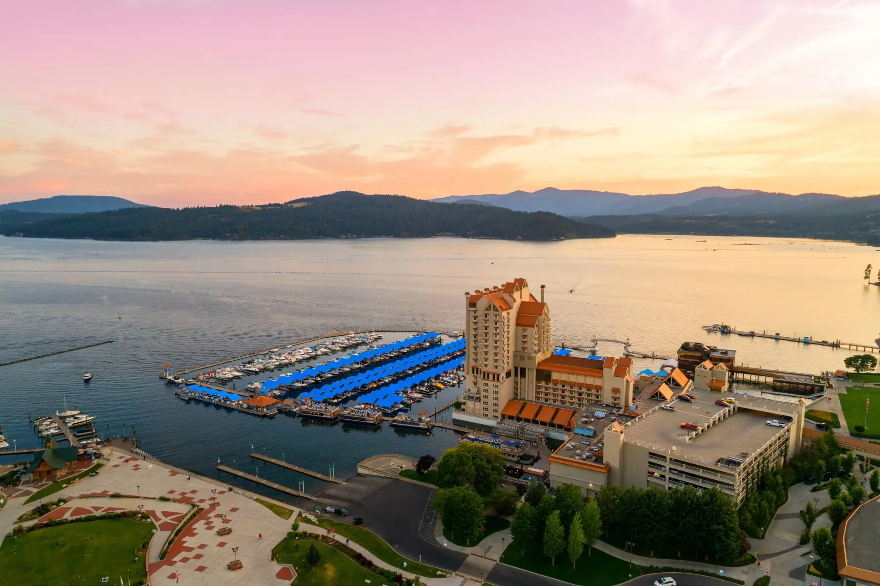The Coeur d'Alene Resort at sunset — the Hagadone Corporation flagship property where many of the clinic's patients work.